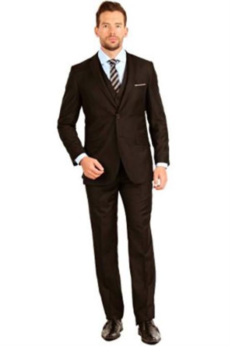 Men's Brown Slim Fit 3 Piece Notch Collar Double Vent Vested Suit