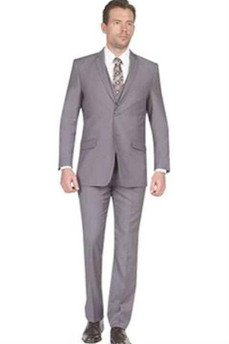 Men's Slim Fit Grey Notch Collar Side Vent 3 Piece Vested Suit