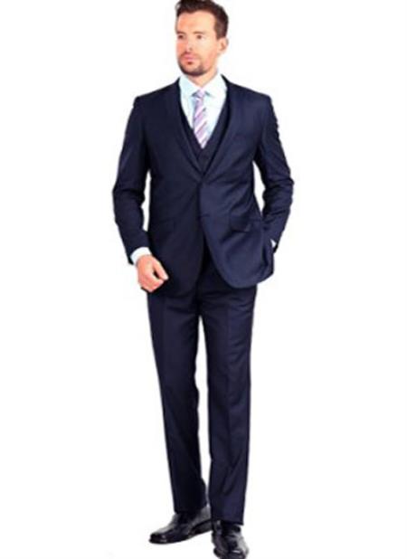 Men's 3 Piece Side Vent Notch Collar Dark Navy Slim Fit Vested Suit