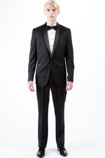 Men's 1 Button Shawl Lapel Wool Tuxedo Black Slim Fit Suit