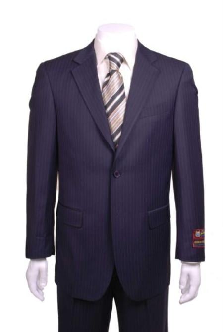 Stripe ~ Pinstripe Modern Fit Suits 2 Button Vented without pleat flat front Pants Dark Navy Blue Suit For Men mensusa