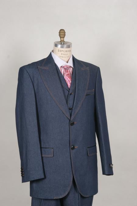 Men's Stylish Two Button Blue Suit Peak Lapel Vested Denim~Jean~Cotton wide leg pants - Three Piece Suit