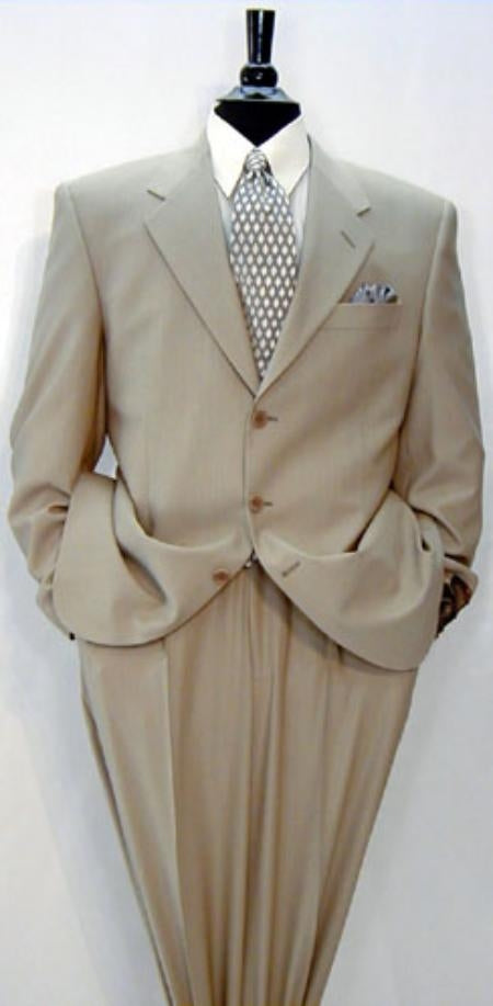 Tan ~ Beige Side Vented 3 buttons 100% Wool Solid Suit - mensusa