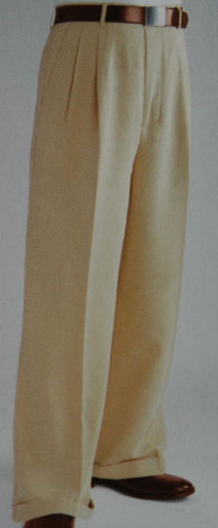 Tan ~ Beige Wide Leg Dress Pants Pleated baggy dress trousers unhemmed unfinished bottom - Cheap Priced Dress Slacks For Men On Sale mensusa