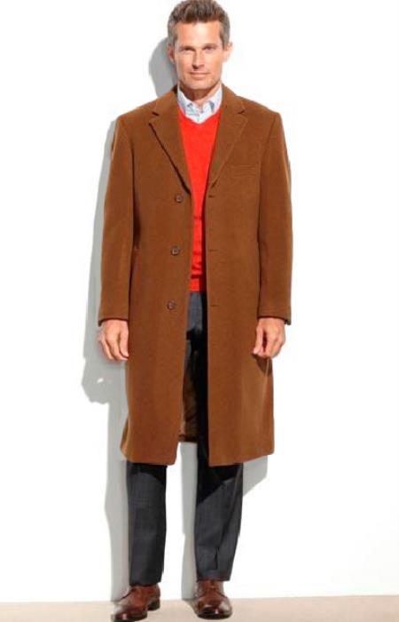 Men's Dress Coat Brown full length Overcoat ~ Long Men's Dress Topcoat - Winter coat (Cashmere Touch (not cashmere))