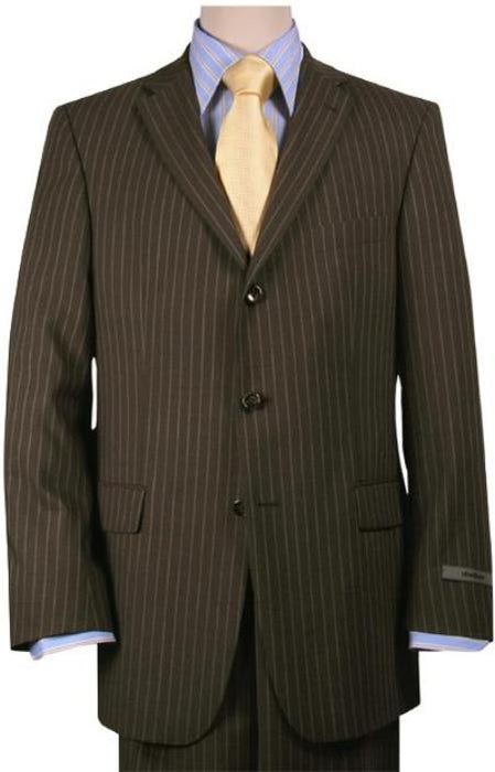 Brown Pinstripe Feel Poly-Rayon Three ~ 3 Buttons Style Suit Pleated Pants