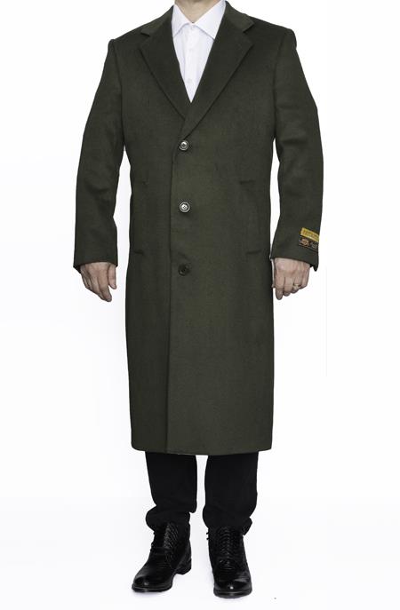 Mens Topcoat Mens Dress Coat Full Length Wool Dress Top Coat / Overcoat in Olive Green