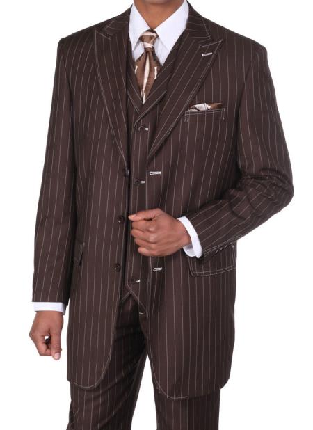 Mens Classic Bold Chalk Gangster Stripe 3 Button Pinstripe Suits w/Vest Brown with White Stitching - Three Piece Suit