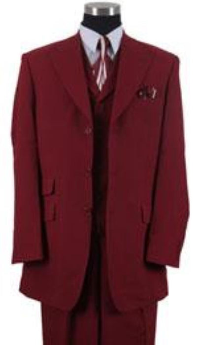 Men's Burgundy ~ Wine ~ Maroon Peak Lapel Vested Pocket Milano Suits