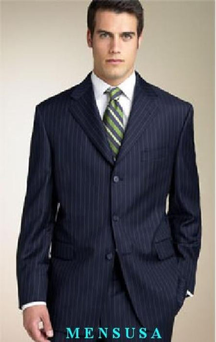 Men's Dark Navy Blue Suit For Men Stripe ~ Pinstripe Available in 2 or 3 Buttons Style Regular Classic Cut poly~rayon Shirt+Tie+SHIRT TIE