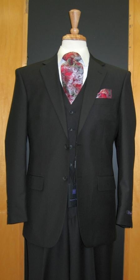 Two Button Black Flat Front three piece suit mensusa