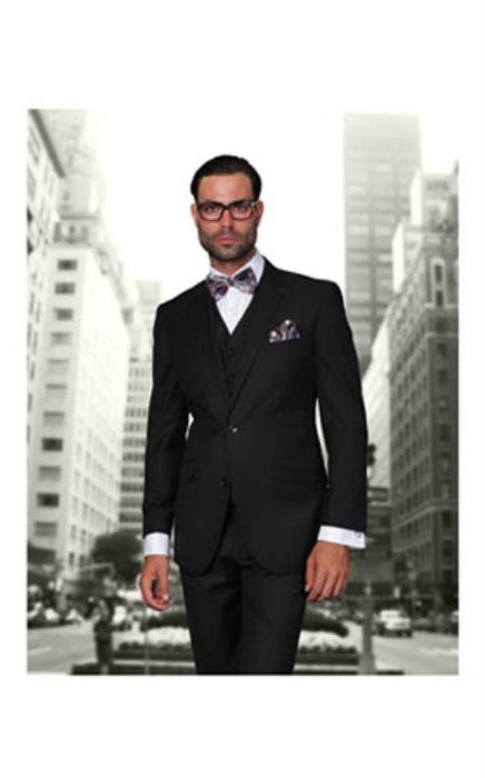 Men's Black 2 Button Modern Fit Suits Wool Fine Brands Best Italian Style Cut Suits