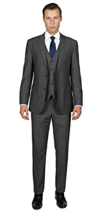 Men's Charcoal Grey 2 Button Three Piece TR Blend Suit Affordable - Discounted Priced On Clearance Sale