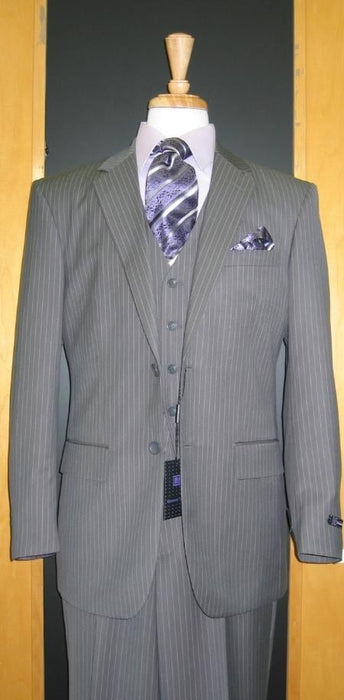 Two Button Light Grey Pinstripe Flat Front three piece suit