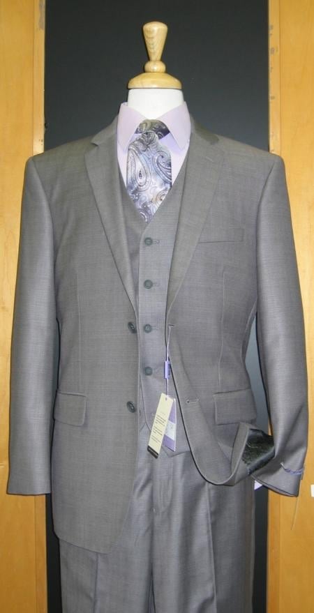 Two Button Grey Sharkskin Flat Front three piece suit mensusa