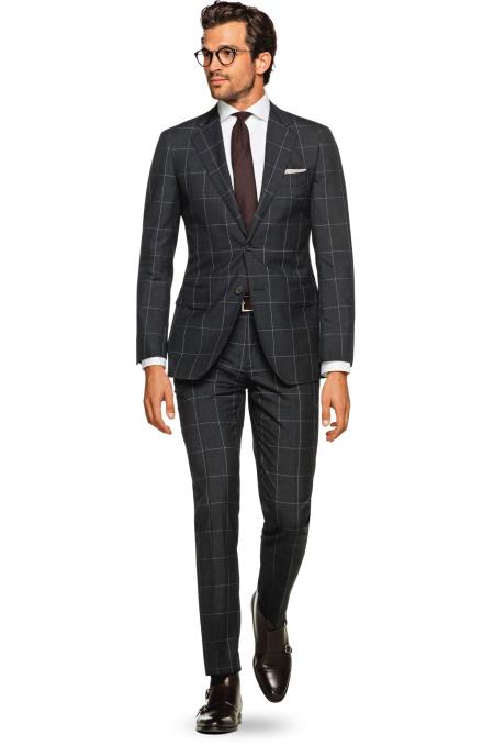 Men's Grey 2 Button Windowpane checkered check pattern Slim Fit Pure Wool Suit