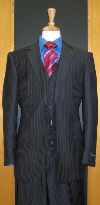 Two Button Navy Pinstripe Flat Front three piece suit mensusa