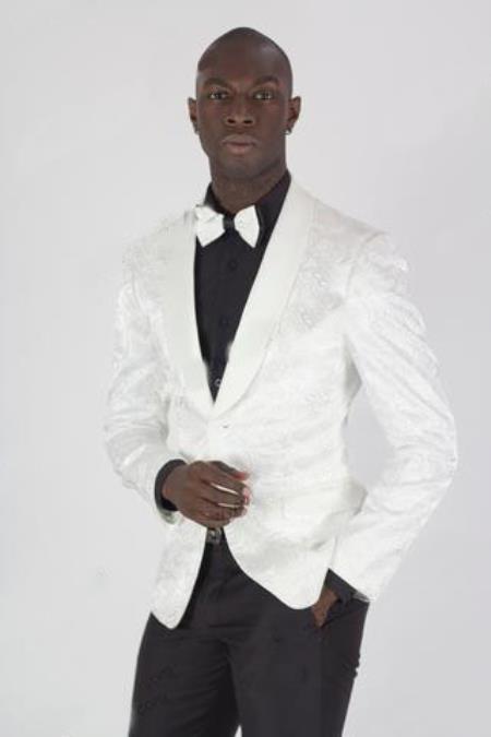 Men's White Paisley Shiny Blazer Dinner Jacket