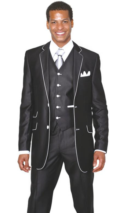 Men's 2 Button 3 Piece Church Suit Black White Trim Lapel Slim Fitted Ticket Pocket Suit - Three Piece Suit