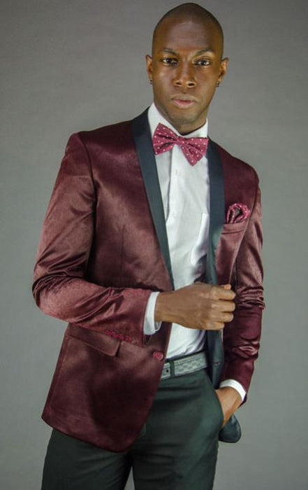 Men's 2 Button Black and Burgundy ~ Wine ~ Maroon Color Velvet Slim Fit Tuxedo Jacket / velour Blazer Jacket Men's / Tux / Dinner Jacket Looking