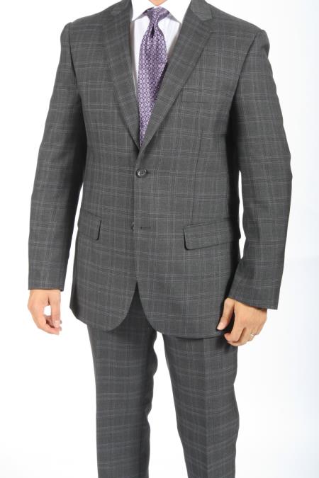 2 Button Slim Fitted Charcoal Glen Plaid & checkered check pattern Suit Men's