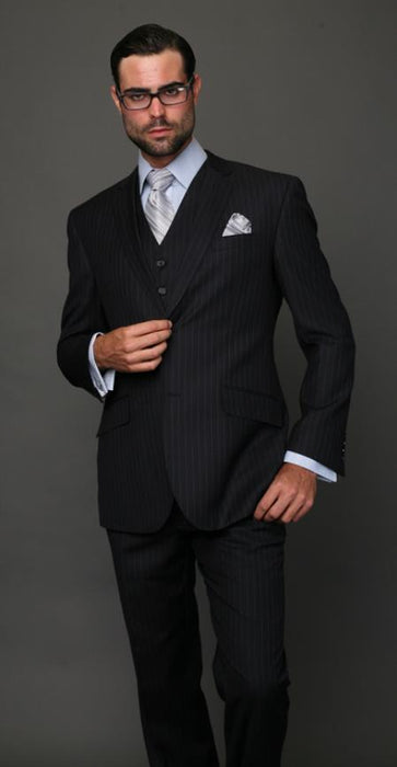 Classic 3PC 2 Button Dark Navy Pinstripe three piece suit Super 150's Extra Fine Italian Fabric