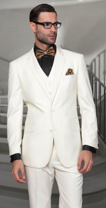 Notch Lapel Two Buttons Side Vented Vested No Pleated Pants 100% Wool Discounted Sale Fit 3 Piece Suit Off White