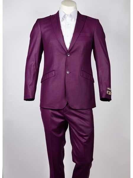 Mens-Designer-2-Button-Shiny-Burgundy-Sharkskin-Suit