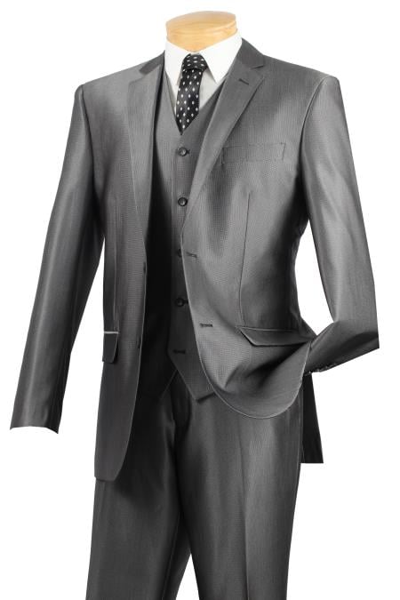 2 Button patterned Solid 3pcs Slim Fit Suit with vest – Gray - Three Piece Suit