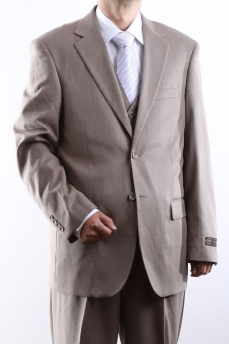 Men's 2 Button Tan ~ Beige Tonal 3 Pieces Vested Dress Shadow Stripe Pinstripe tone on tone suit - Three Piece Suit