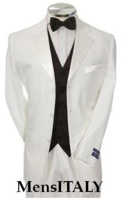 White Men's Tuxedo 2 Buttons Tuxedo Suit + Black Vest + Tuxedo Shirt & Bow Tie Package Combo ~ Combination mensusa