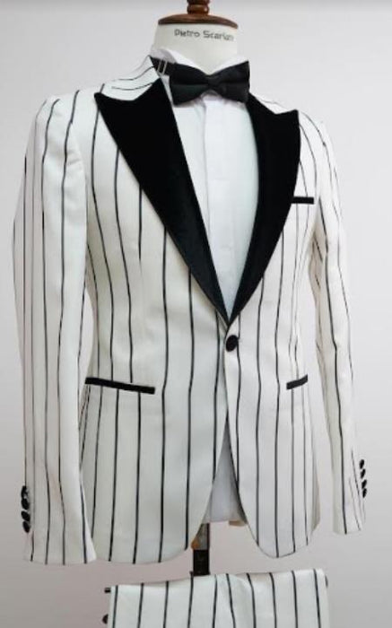 Men's White and Black Pinstripe 2 Button Vest Suit