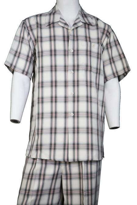 Men's Button Fastening Crosshatch Checkered Short Sleeve Walking Suit