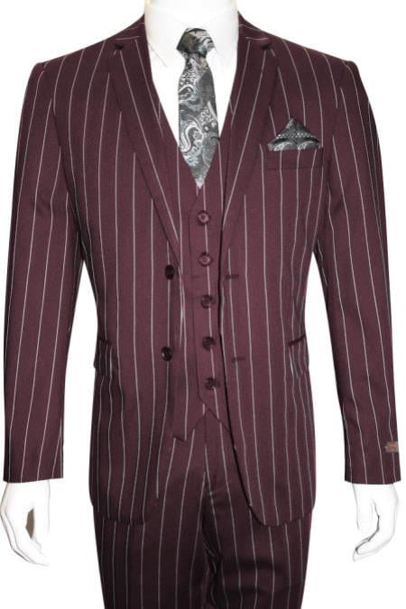 Men's Bold Gangster 1920s Burgundy Suit Vintage Dark Burgundy ~ White Gangster Bold Stripe 2 Button Vested Suit Black and Bold White Stripe (MO845)