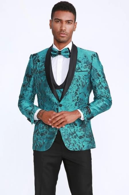 Blue Turquoise Men's Printed Patterned Print Floral Tuxedo