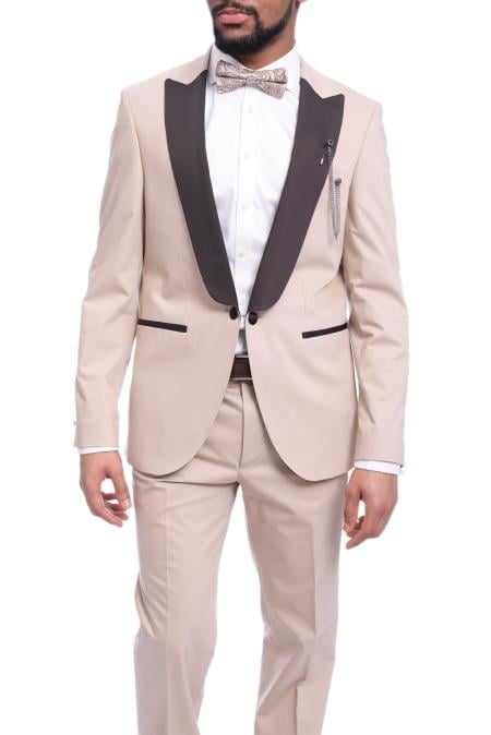 Men's Peak Lapel Solid Tan ~ Beige Tuxedo With Dark Brown Lapel With Free Vest