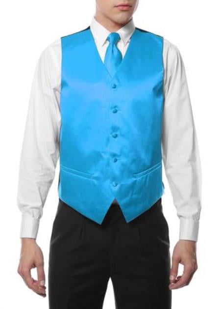 Men's 4PC Big and Tall Dress Tuxedo Wedding Vest ~ Waistcoat ~ Waist coat & Tie & Bow Tie and Hankie Turquoise