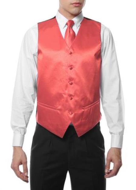 Men's Coral V Neck 4PC Wedding Vest ~ Waistcoat