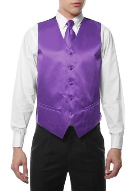 Men's Purple V Neck 4PC Waistcoat ~ Waist coat & Tie & Bow