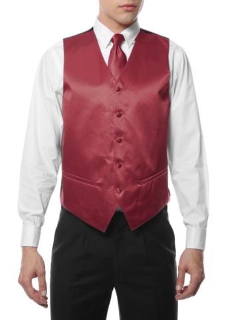 Men's 4PC Big and Tall Dress Tuxedo Wedding Vest ~ Waistcoat ~ Waist coat & Tie & Bow Tie and Hankie Burgundy