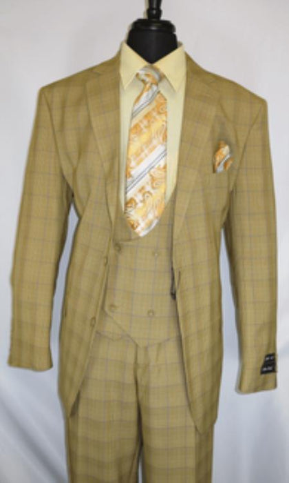 Fortino Landi #5702v6-Tan.Plaid- Vested Men's Checkered Suit