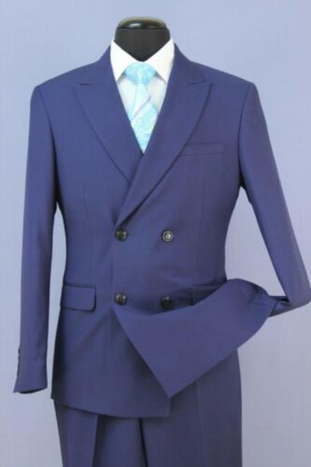 Men's French Blue 4 Button Double Breasted Suits Slim Fit Suit New With Peak Lapels