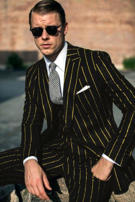 Men's Black and Gold Pinstripe Suit. Available in with double breasted vest Pre order Collection For Aguest/1/2021