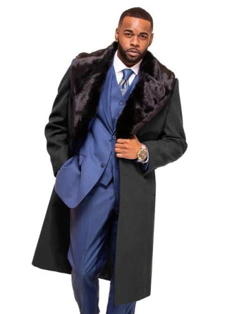 Charcoal Grey Overcoat ~ Long Men's Dress Topcoat - Winter coat With Fur Collar in and Fabric