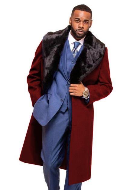 Burgundy Overcoat ~ Long Men's Dress Topcoat - Winter coat With Fur Collar in and Fabric