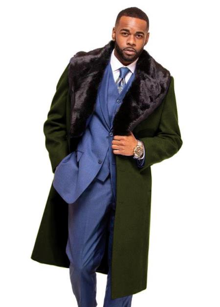 Dark Olive Overcoat ~ Long Men's Dress Topcoat - Winter coat With Fur Collar in and Fabric