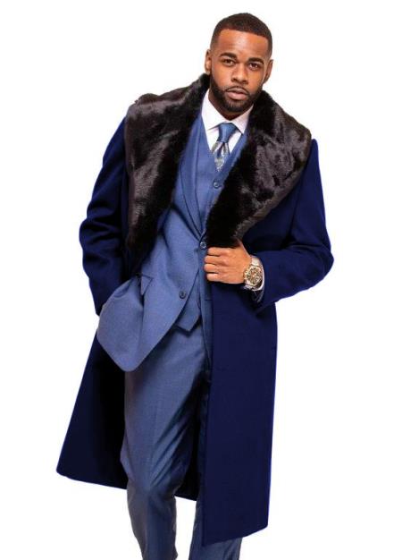 Dark Navy Blue Overcoat ~ Long Men's Dress Topcoat - Winter coat With Fur Collar in and Fabric