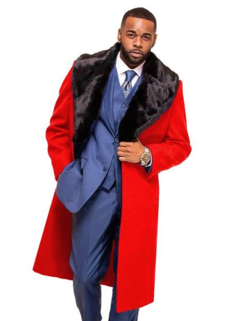 Red Overcoat ~ Long Men's Dress Topcoat - Winter Coat With Fur Collar In And Fabric