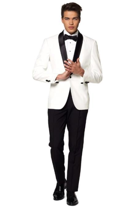 One Chest Pocket White and Black Two Button Outfit For Guys