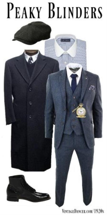 Men's Gray Three Button Two Flap Front Pockets 3 Piece Peaky Blinders Suit - Peaky Blinders Outfit + Overcoat + Shirt and hat + Boot (Like pictured)